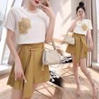 Set: Short-sleeve Embellished T-shirt + Irregular A-line Mini Skirt