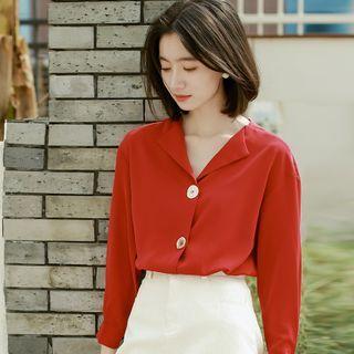 Chiffon V-neck Long-sleeve Shirt Wine Red - One Size