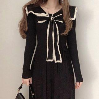 Long-sleeve Lace Trim Bow Knit Accordion Pleat Dress