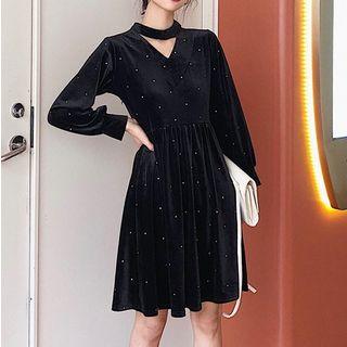 V-neck Long-sleeve Velvet A-line Dress