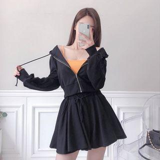 Set: Cropped Hoodie + Drawstring-waist Skort