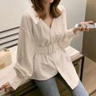 Long-sleeve Belted Open-collar Blouse