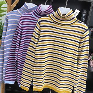 Turtleneck Striped Long-sleeve Knit Top Purple - One Size