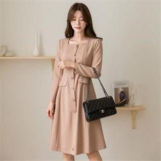 Square-neck Button-trim Dress