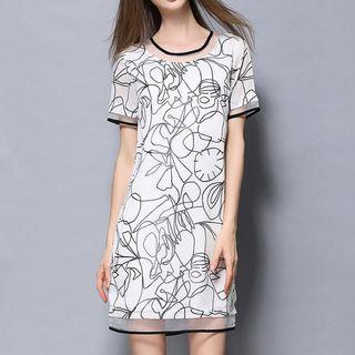 Print Short-sleeve Organza Panel Dress