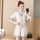 Contrast Trim Lace Up Elbow-sleeve Blouse / Drawstring Shorts