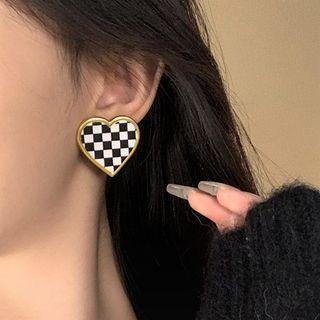 Heart Checker Alloy Earring 1 Pair - Black & White - One Size