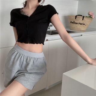 Short-sleeve Button-up Crop Top / Shorts