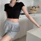 Short-sleeve Button-up Crop Top / Shorts