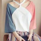 Color Block Cut-out Elbow-sleeve T-shirt