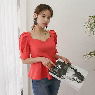 Sweetheart-neck Puff-sleeve Peplum Top