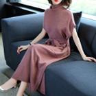 Turtleneck Short-sleeve Midi Knit Dress