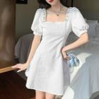 Puff-sleeve Square-neck Rhinestone Embellished Mini A-line Dress