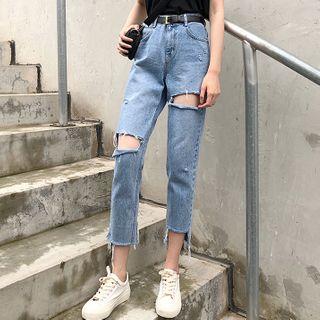 Distressed Cropped Straight Leg Jeans / Belt / Set