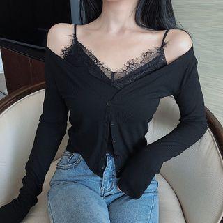 Set: Plain Cardigan + Lace Trim Camisole Black - One Size