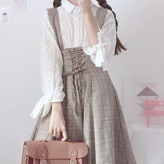 Tie-cuff Lace Shirt / Lace-up Midi Jumper Skirt / Set