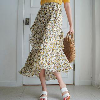 Asymmetric-hem Frill-trim Patterned Skirt