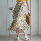 Asymmetric-hem Frill-trim Patterned Skirt