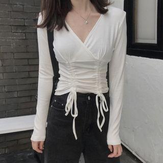 V-neck Plain Drawstring Top