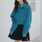 Plain Single-breasted Long-sleeve Shirt Peacock Blue - One Size