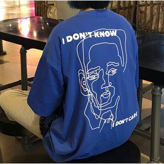 Elbow-sleeve Print T-shirt Blue - One Size