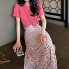 Set: Short-sleeve T-shirt + Patterned A-line Midi Skirt