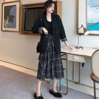 Double-breasted Blazer / Plaid Midi A-line Skirt