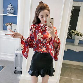 Set: Floral Print Bell-sleeve Chiffon Blouse + Faux Leather Skirt