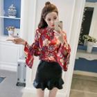 Set: Floral Print Bell-sleeve Chiffon Blouse + Faux Leather Skirt