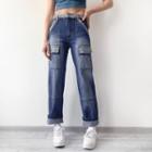 High-waist Straight-fit Pocket Washed Tapered Jeans