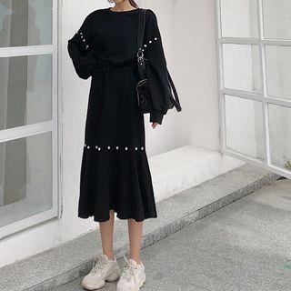 Set: Faux Pearl Embellished Sweatshirt + Midi Mermaid Skirt Black - One Size
