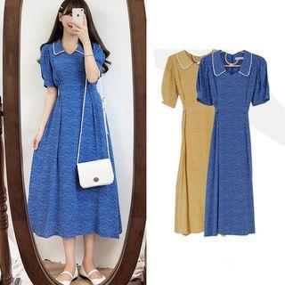 Short-sleeve Lace Trim Collar Patterned A-line Midi Dress