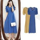 Short-sleeve Lace Trim Collar Patterned A-line Midi Dress