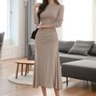 One-shoulder Long-sleeve Shirred Midi A-line Dress