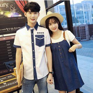 Couple Matching Set: Piped Short-sleeve Shirt / Short-sleeve T-shirt + Denim Pinafore