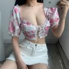 Short-sleeve Floral Print Lace Up Blouse