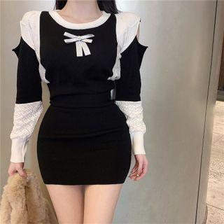 Cold-shoulder Two-tone Knit Crop Top / Mini Pencil Skirt
