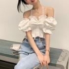 Puff-sleeve Shirred Lace Trim Top White - One Size