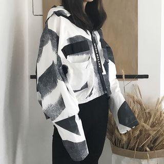 Hooded Printed Zip Jacket As Shown In Figure - One Size