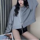 Two-tone Panel Lace-up Pullover Gray - One Size