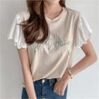 Eyelet-lace Sleeve Letter Print Top