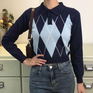 Cropped Argyle Polo Sweater