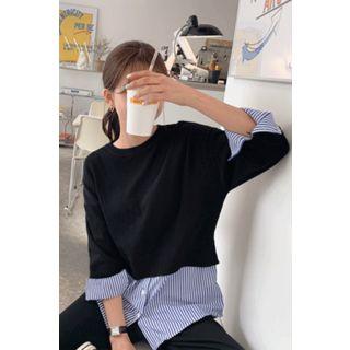 Striped Shirt Layered Top & Pants Set Black - One Size