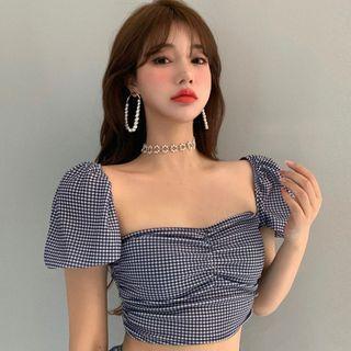 Puff-sleeve Plaid Top Plaid Top - One Size