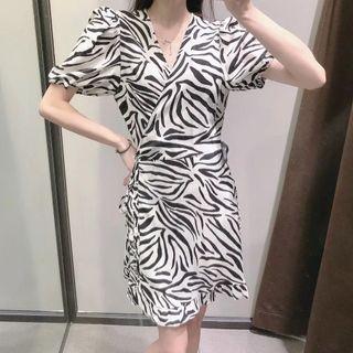 Short-sleeve Zebra Print Wrap Mini Dress