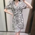 Short-sleeve Zebra Print Wrap Mini Dress