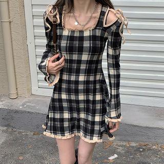 Ruffle Trim Square Neck Plaid Dress