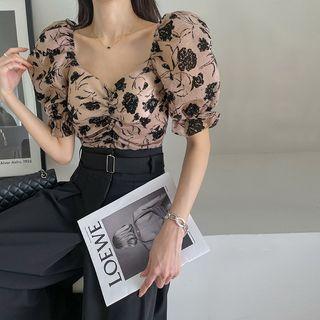 Puff-sleeve Ruched Floral Top