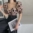 Puff-sleeve Ruched Floral Top