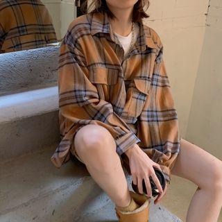 Long-sleeve Plaid Loose-fit Shirt Yellow - One Size